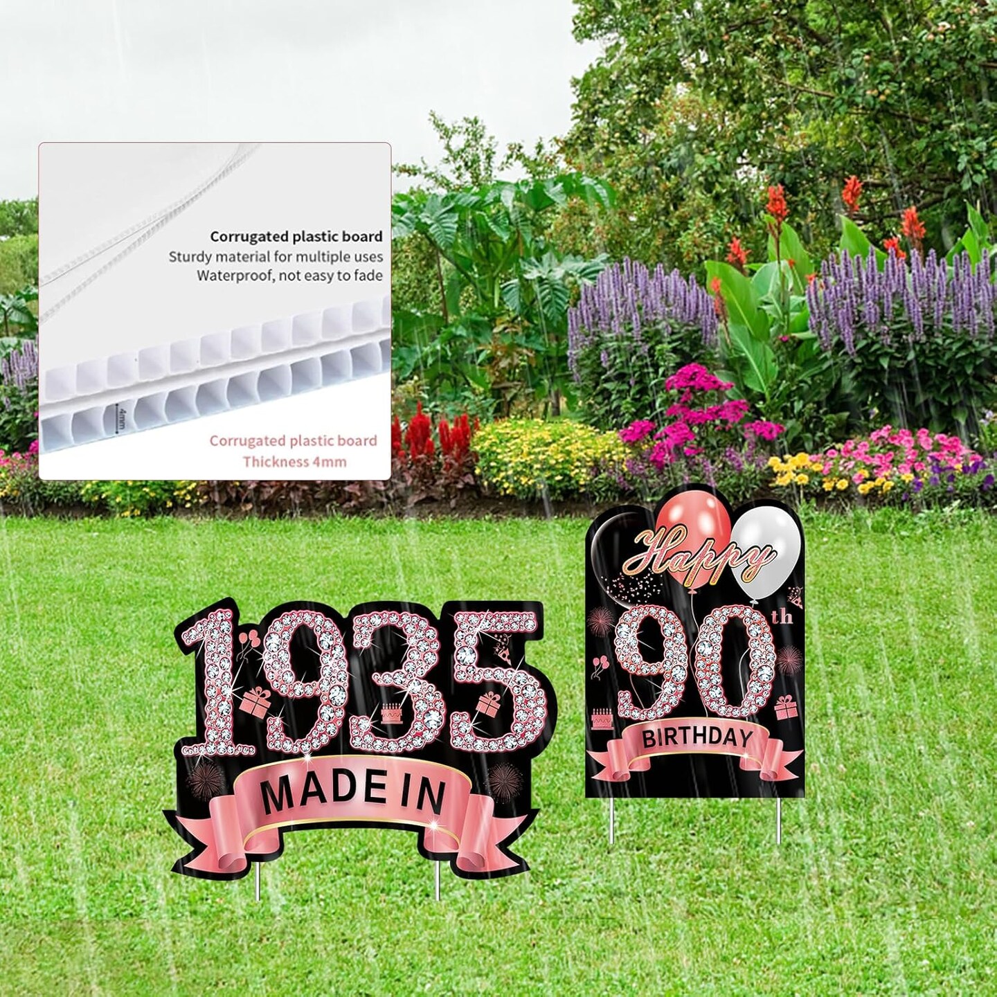 2Pcs Rose Gold 90th Birthday Yard Sign Decoration for Women, Happy 90th Birthday Made in 1935 Lawn Sign Party Supplies, Ninety Year Old Yard Decor Stakes