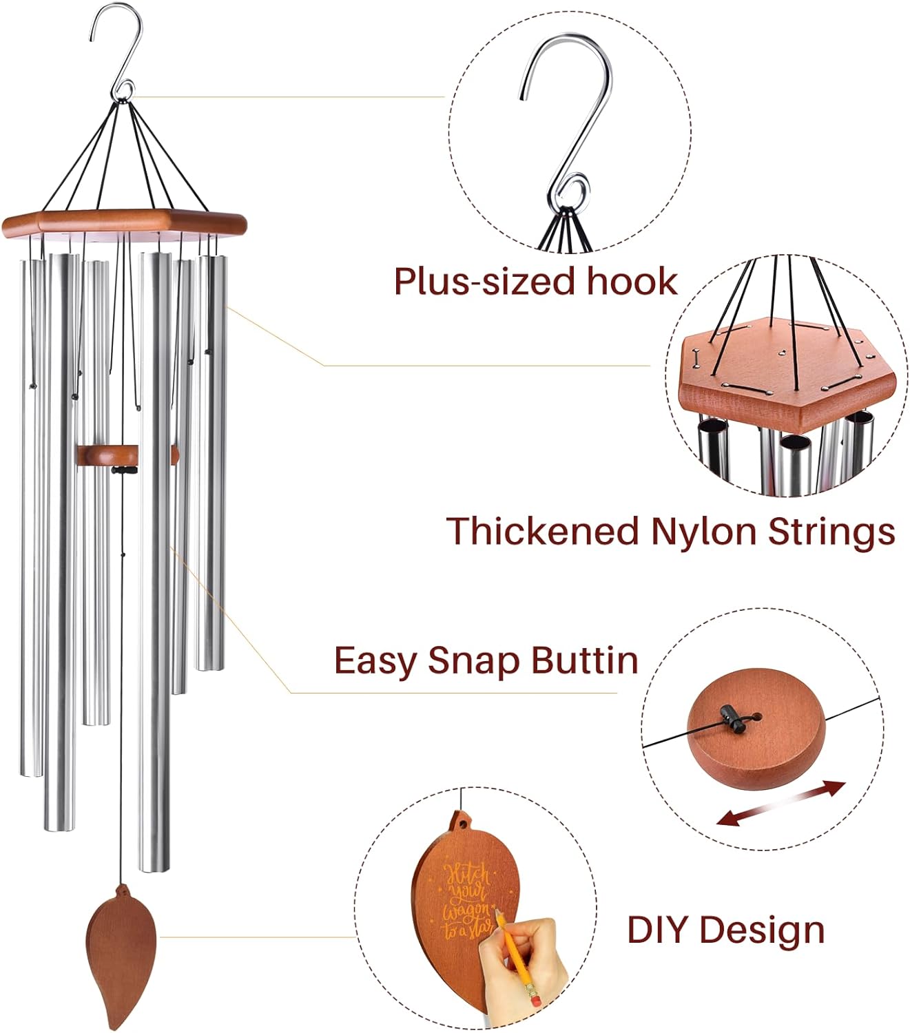Sympathy Wind Chimes for Outside Deep Tone, Memorial Loss of a Loved, Large Wind Chimes with 6 Thicken Tubes &#x26; Hook, Outdoor Gifts Mother, Garden Decor (45IN Silver)