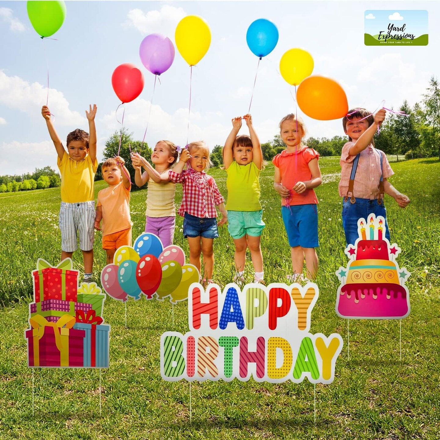 Yard Expressions 4pc Happy Birthday Yard Signs with Stakes - Easy to Install Happy Birthday Yard Sign - Large 16&#x22; Waterproof Birthday Sign Yard &#x2013; Durable, Reusable &#x26; Colourful Happy Birthday Lawn Sign