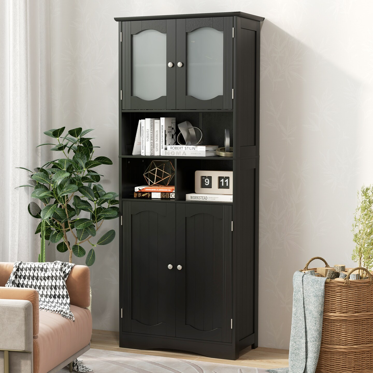 58.5 Inch Freestanding Linen Bathroom Storage Cabinet with Frost Glass Doors