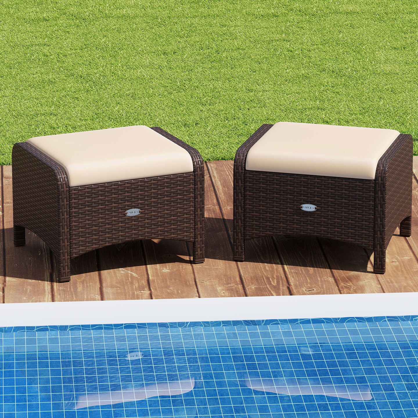 2 Pieces Patio PE Wicker Ottomans with Removable Cushions and Metal Frame