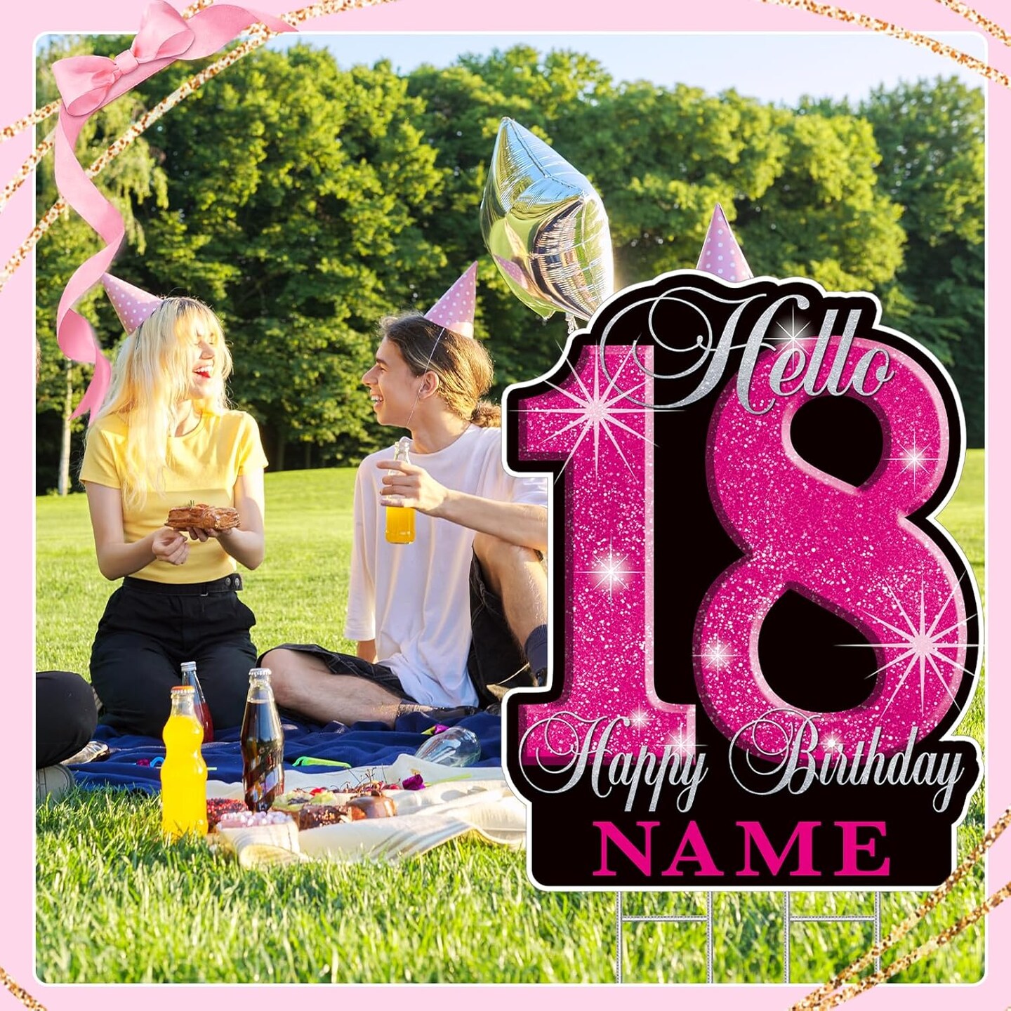 18th Birthday Decorations for girls &#x2013; 35&#x22; Happy 18 Birthday Yard Sign, Personalized with Custom Name, Glitter Waterproof Lawn Decor &#x26; Stakes for Outdoor Party