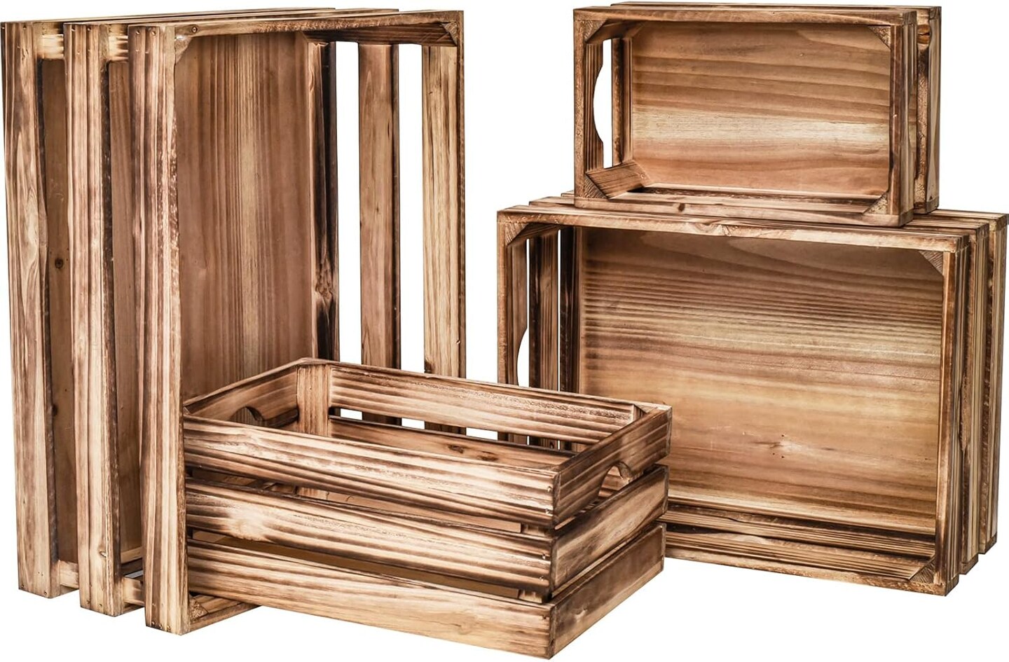 Large Wooden Crates Set of 4 Decorative Storage Box with Handles, Rustic Torched Brown Farmhouse Wooden Crates for Display, Organizer Container Baskets Box for Kitchen, Pantry, Bedroom
