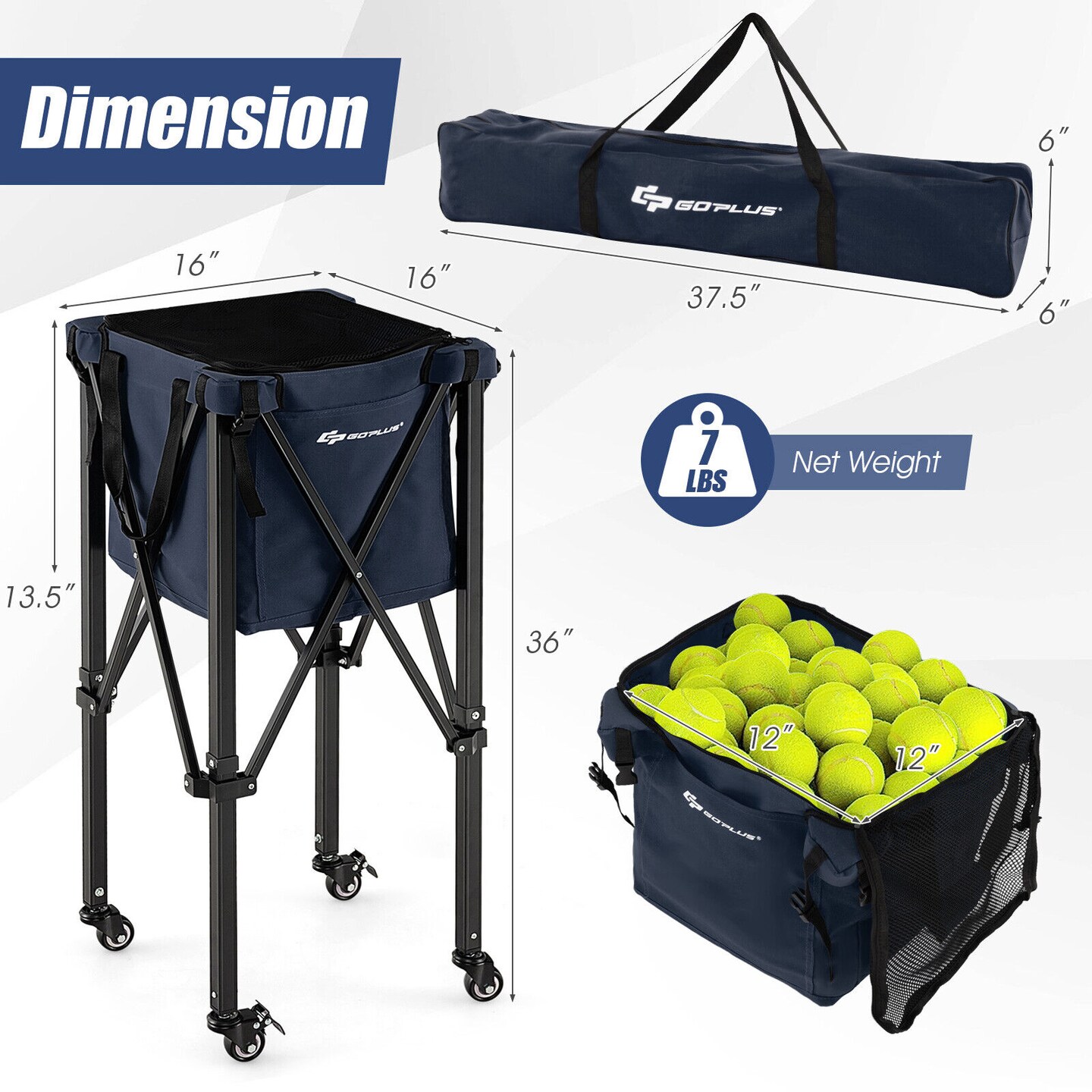 Foldable Lightweight Tennis Ball Teaching Cart with Removable Bag and Lockable Wheels