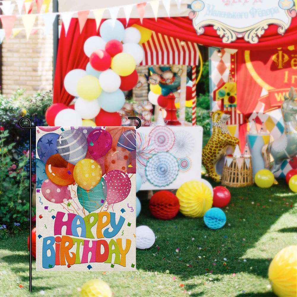 Happy Birthday Garden Flags for Outside 12x18 Double Sided Burlap, Colorful Balloon Personalized Banner Farmhouse Yard Sign Birthday Party Decorations DF575