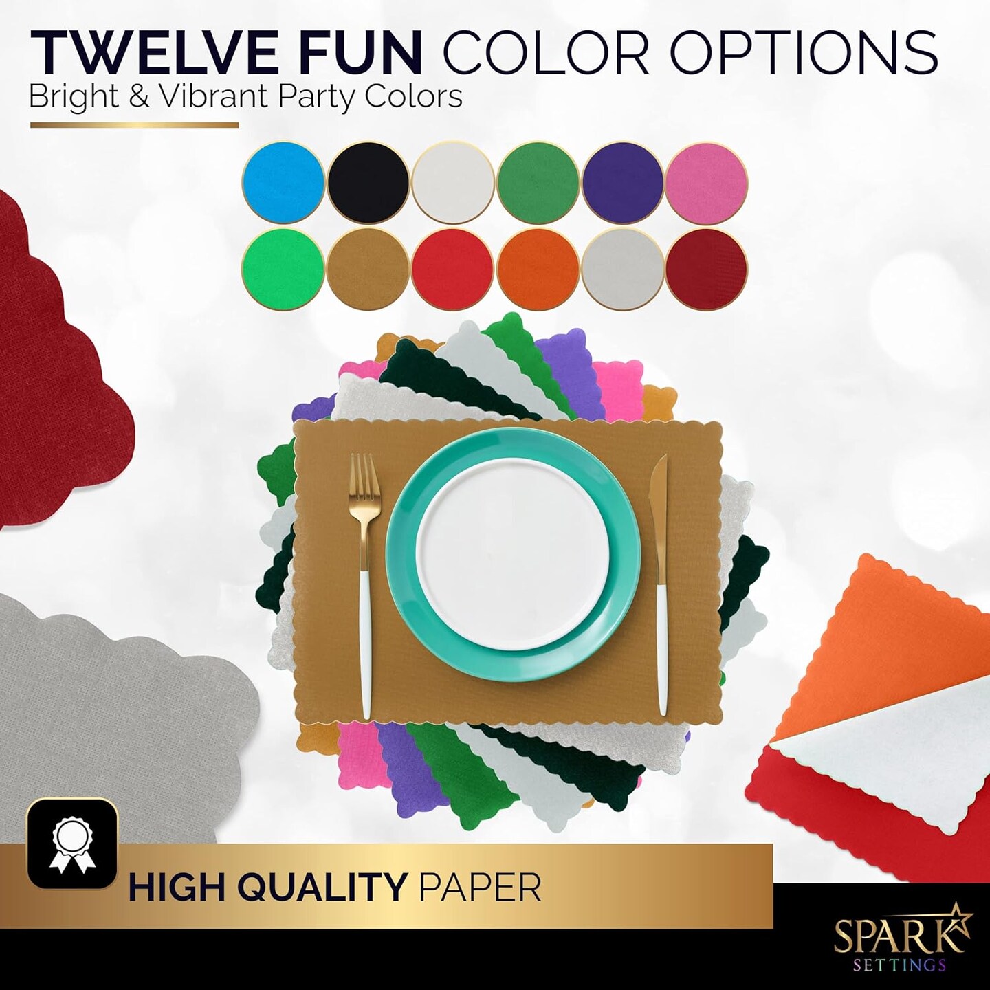 Paper Placemat Disposable, Gold Place Mats with Scalloped Edges, Durable Paper Placemat