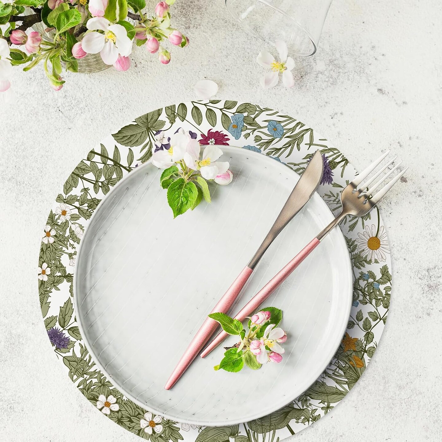 50 Sheets Vintage Wildflower Round Paper Placemat Greenery Wild Floral Decorative Paper Table Mat for Spring Wedding Bridal Shower Party Dinner Table Setting, 13 Inch