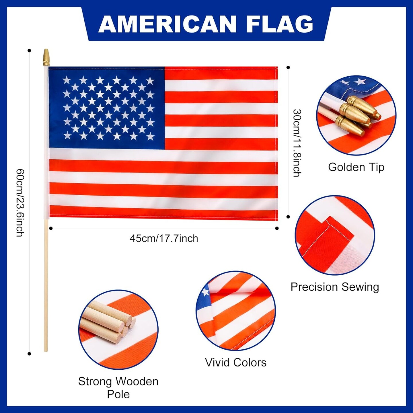 12 Pack US American Stick Flags Small 12x18 Inch USA Hand Held Flags with 24 Inch Wooden Pole for Yard,July 4th,Veteran Party,Memorial Day, Independence Day Decoration