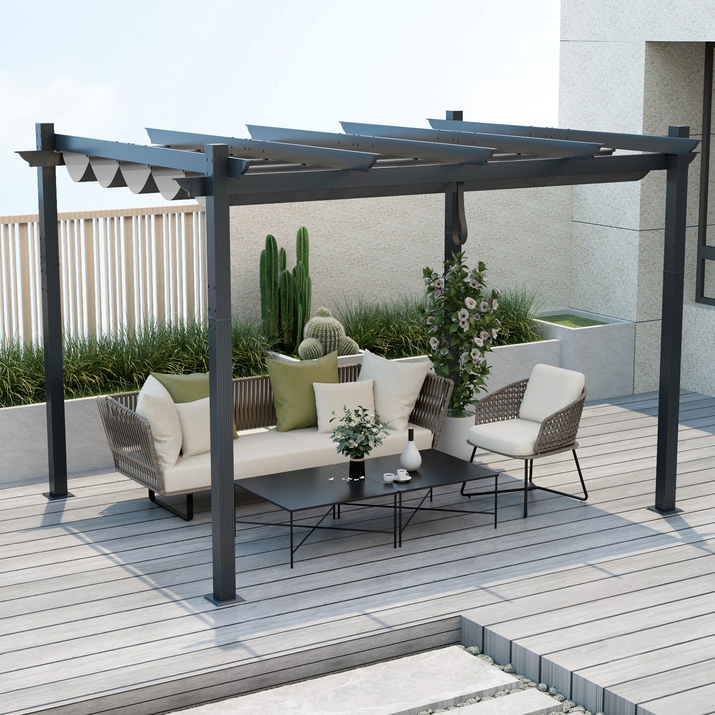 Retractable Pergola with Aluminum Frame and Trellis