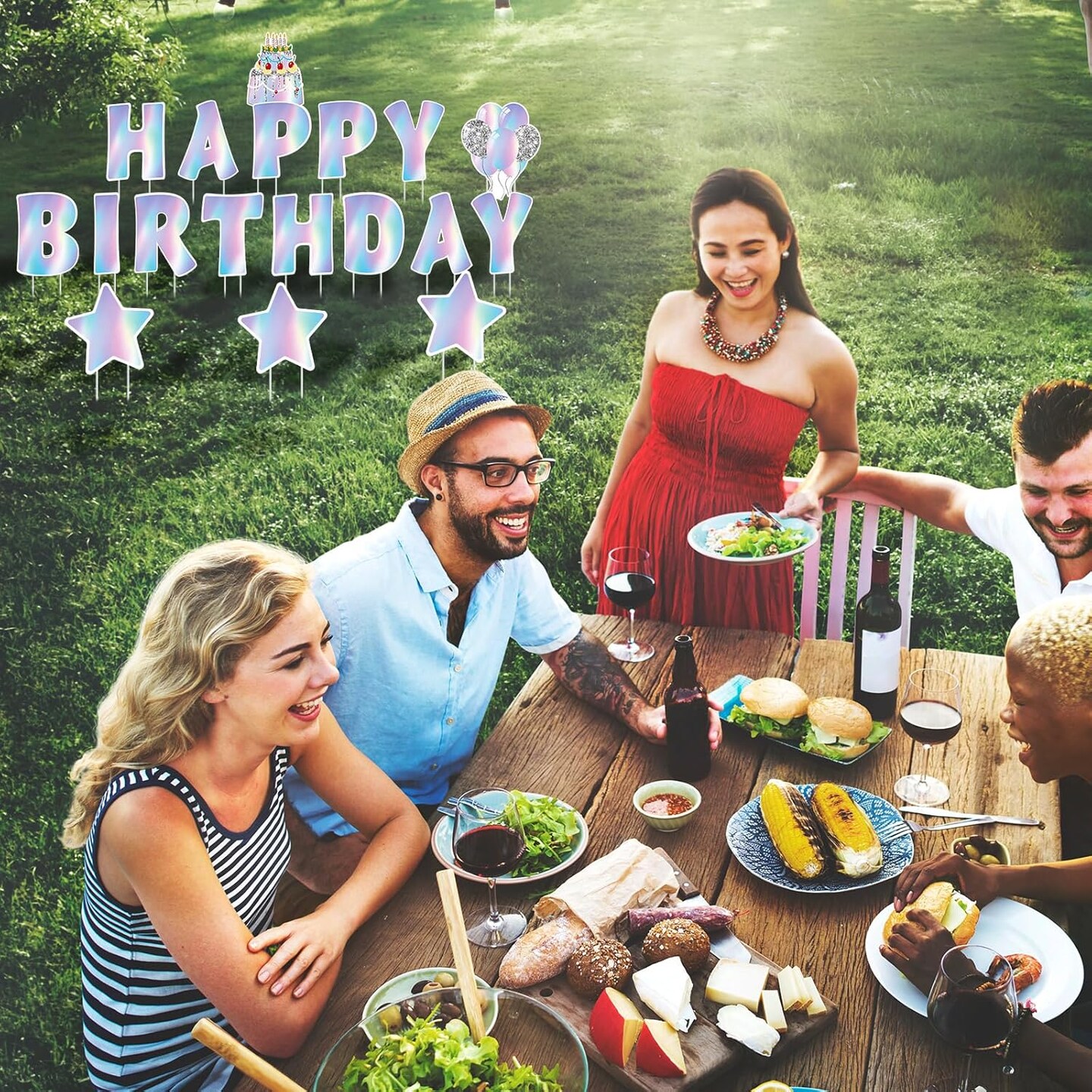 18 Pcs Iridescent Happy Birthday Yard Sign with Stakes Shiny Happy Birthday Yard Lawn Signs Cake Balloon Star Outdoor Birthday Yard Decorations for Birthday Party Supplies, Laser Color
