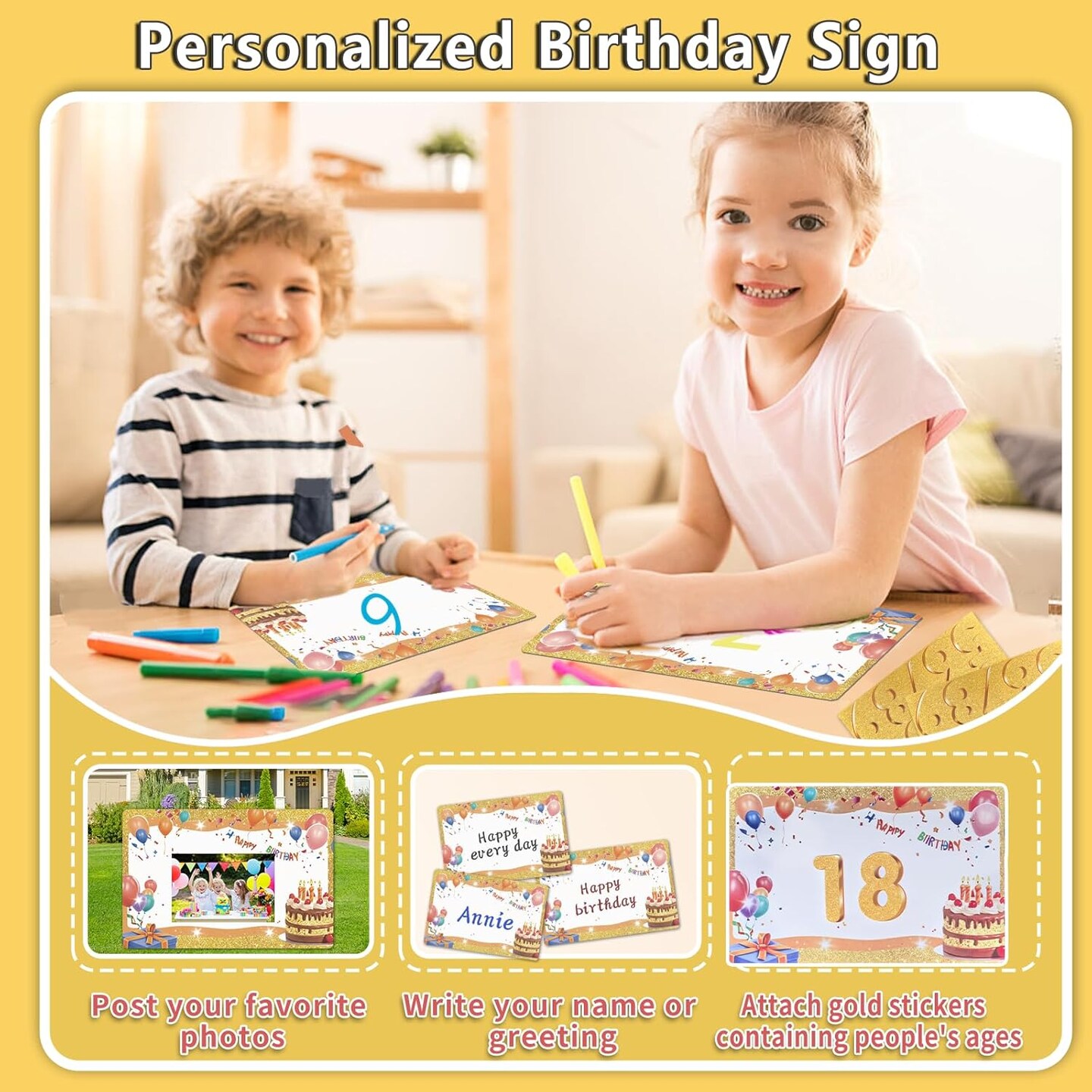 18 Pcs Happy Birthday Yard Sign with 32.8 ft Led Light, 16” Large Size Happy Birthday Yard Sign with Stakes, Weatherproof Personalized Birthday Yard Signs, Outdoor Lawn Garden Party Decoration(Gold)