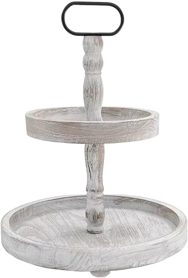 2 Tiered Tray Stand for Home Decor, Wooden Serving Tiered Tray for Coffee Bar Table Centerpiece, Decorative Trays Kit