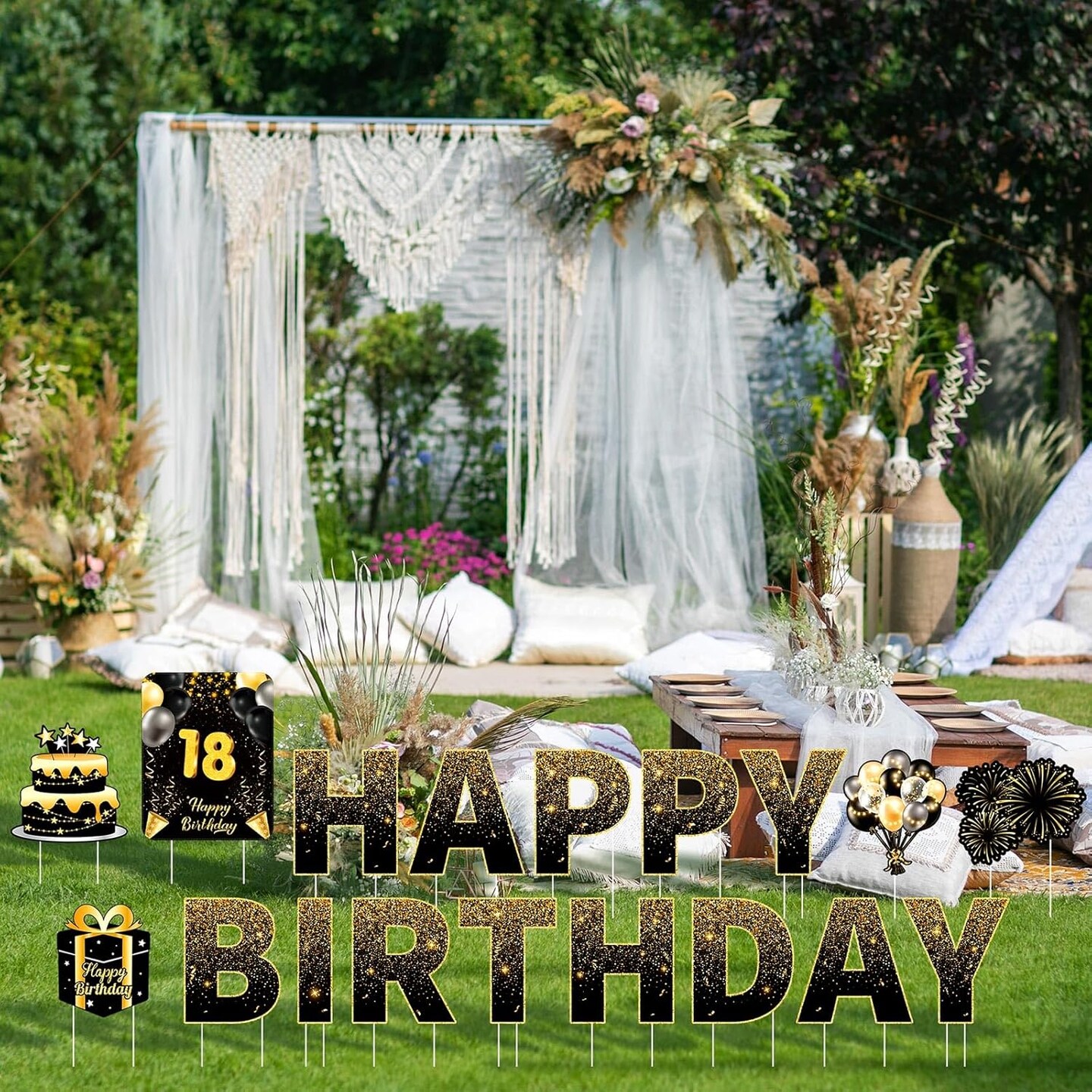 18 Pcs Happy Birthday Yard Signs with Stakes 2 x 5 M LED Lights Personalized Age Name Sign with 20 Number Stickers 14 Inch for Yard Lawn Garden Outdoor Decoration Party Supplies (Black Gold)