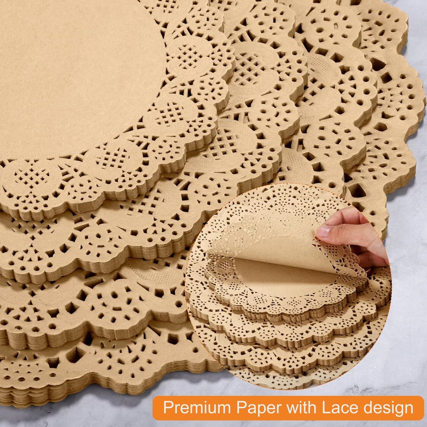 200 Pack Round Brown Lace Paper Doilies Disposable Decorative Paper Placemats Assorted Size 6.5, 8.5, 10.5, 12 inch Table Paper Pad Mats for Buffet Cake Food Party Wedding Tableware Decoration