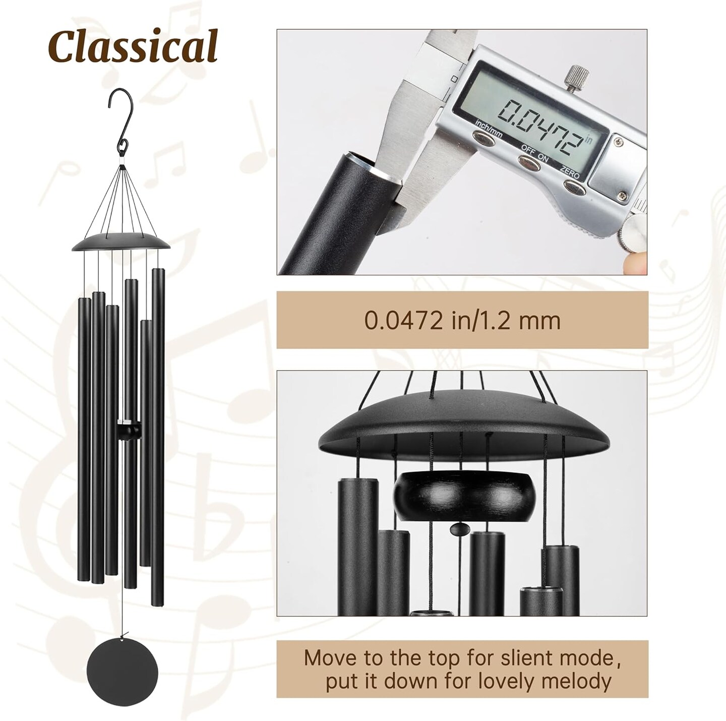 38&#x22; Large Wind Chimes with Classic Sound, Coolest Metal Windchimes Outdoors with Pine Wood Striker, Unique Gift for Mom, Garden Decoration(Black)
