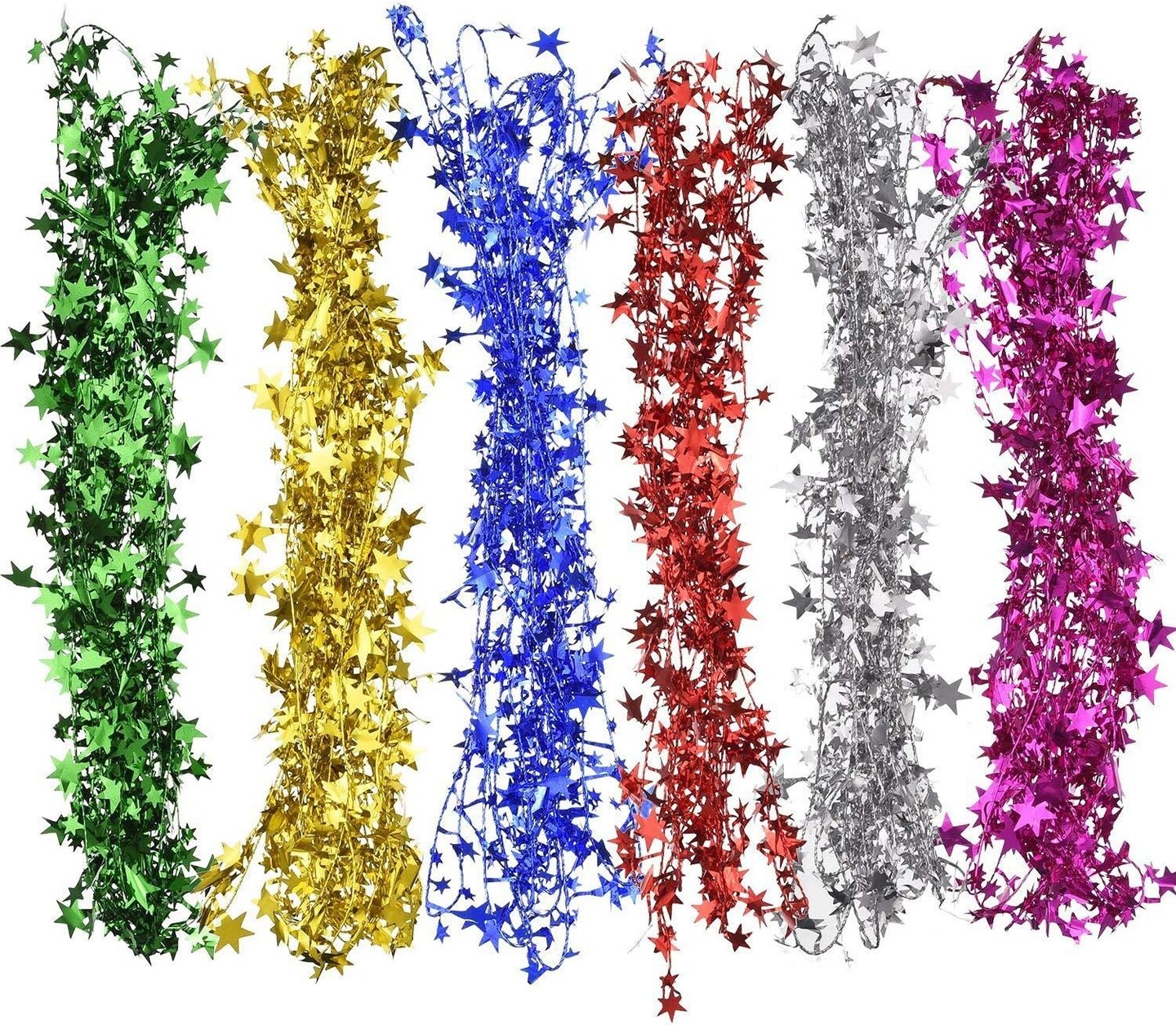 147.6 ft Star Garland Wired Christmas Tinsel Garland for Tree Metallic Small Mini, 6 Rolls for Decorations (Multicolor)