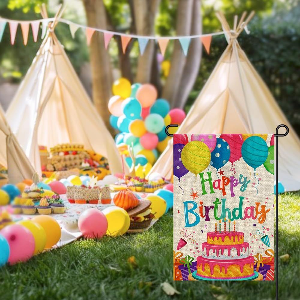 Happy Birthday Garden Flags 12x18 Double Sided Burlap, Colorful Balloon Cake Toppers Personalized Banner Farmhouse Yard Sign Birthday Party Outdoor Decorations