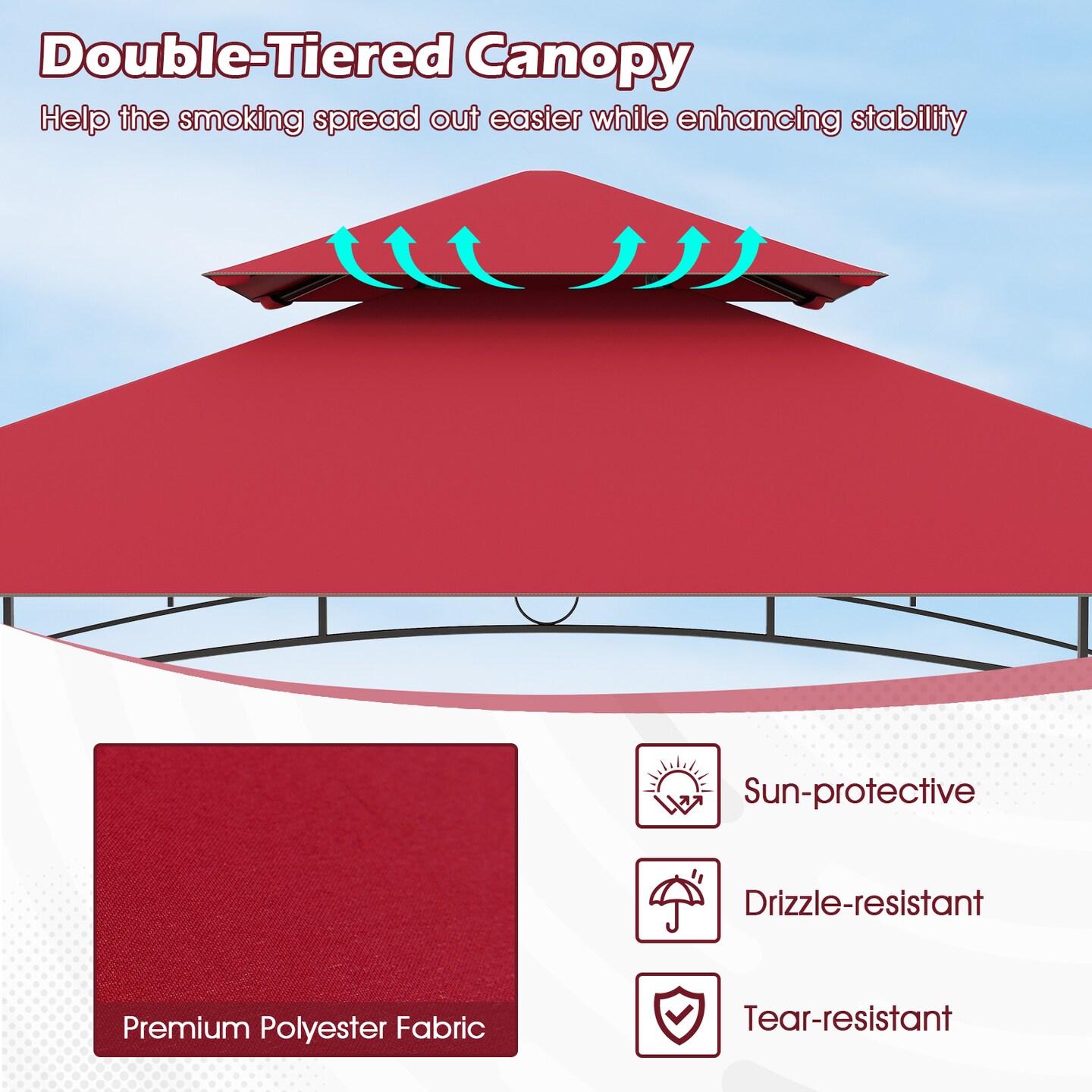 Multi-functional Outdoor Double-Tiered Grill Gazebo Canopy with 2 Side Shelves and 7 Hooks