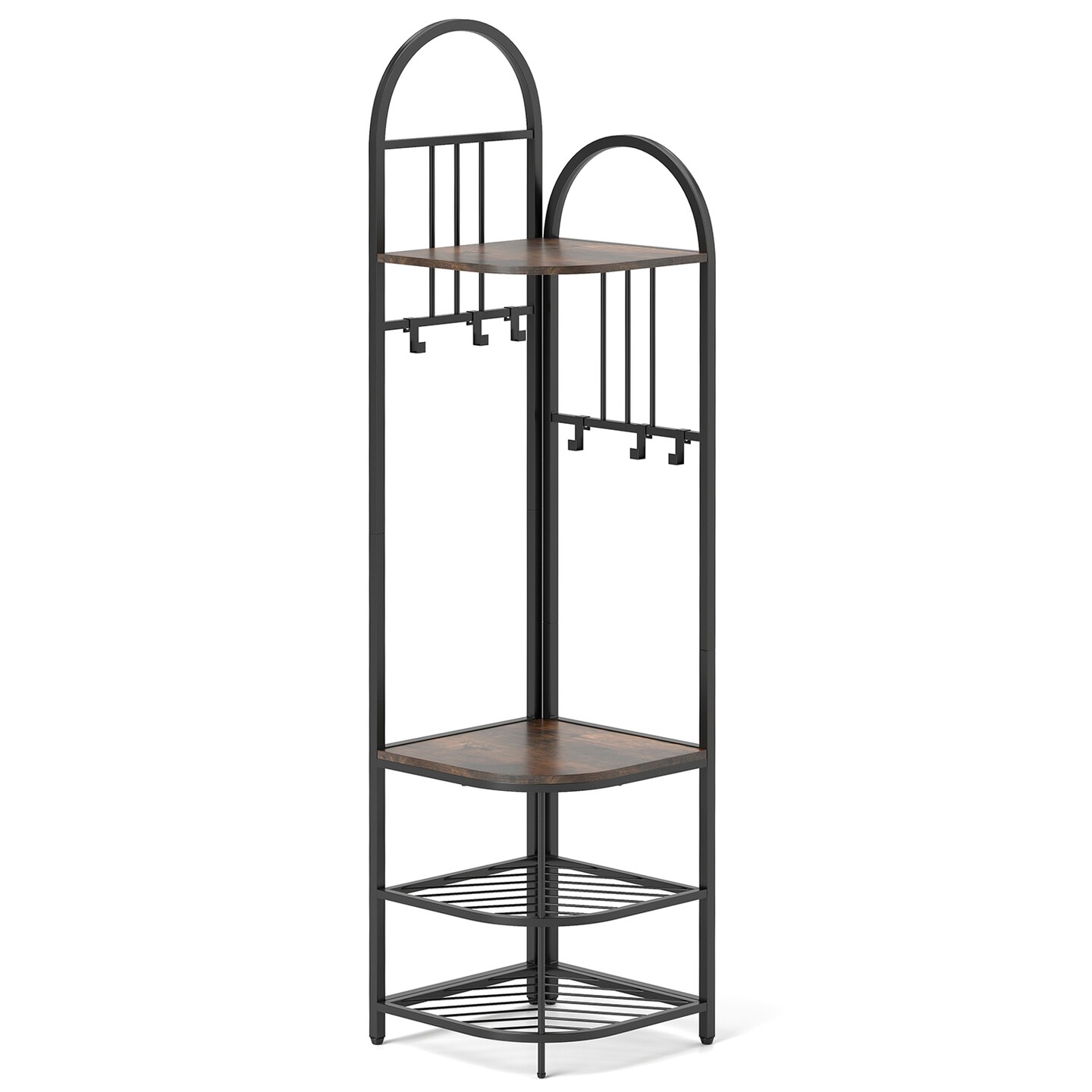 4-Tier Coat Rack Corner Tree with Shoe Bench and Hooks