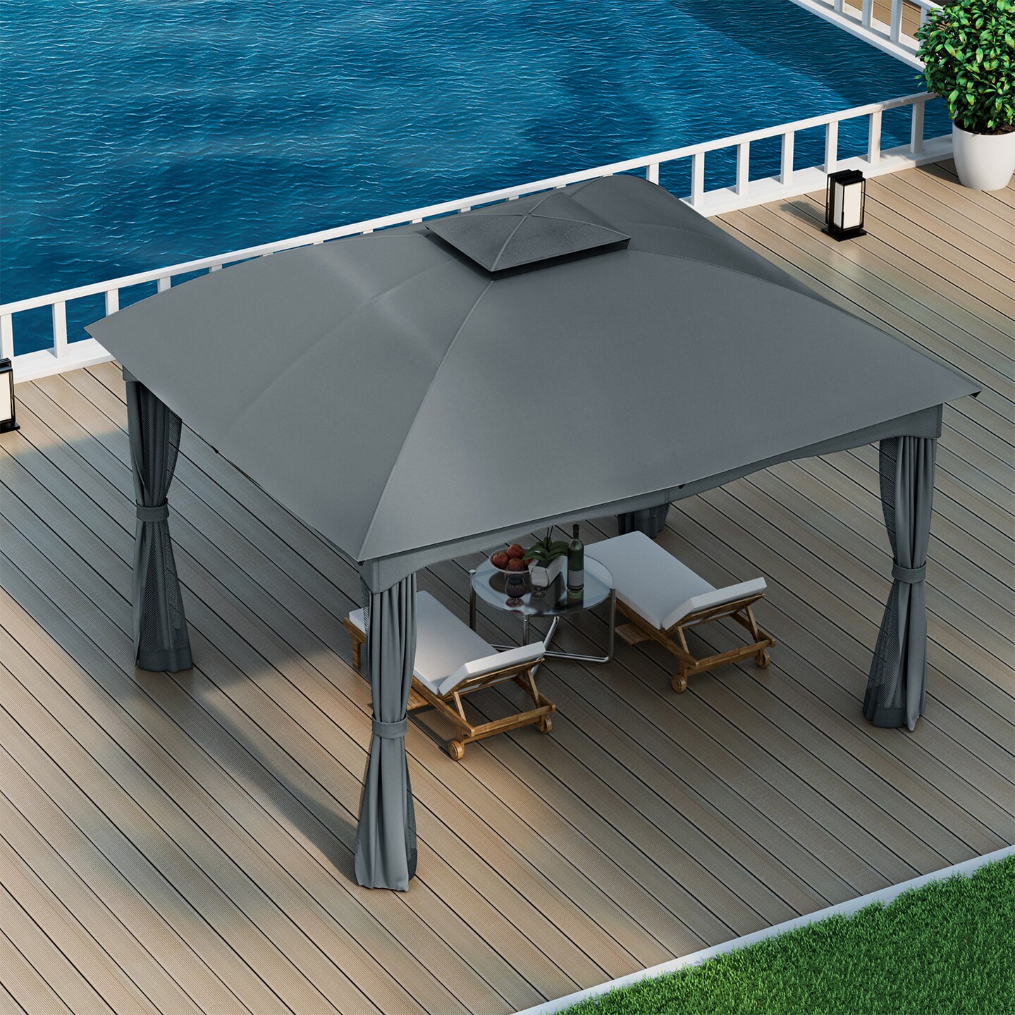 Polyester and Steel Gazebo with Mesh Walls, Curtains and Double Roof