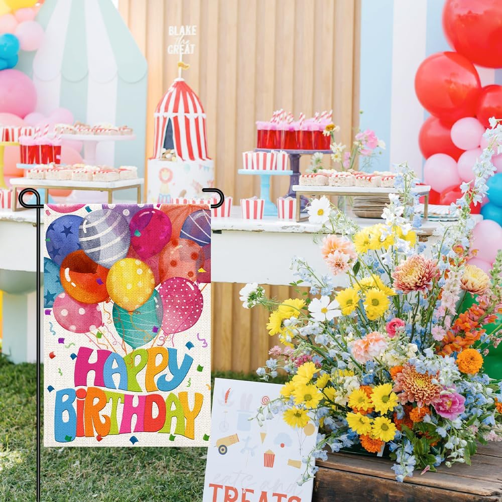Happy Birthday Garden Flags for Outside 12x18 Double Sided Burlap, Colorful Balloon Personalized Banner Farmhouse Yard Sign Birthday Party Decorations DF575