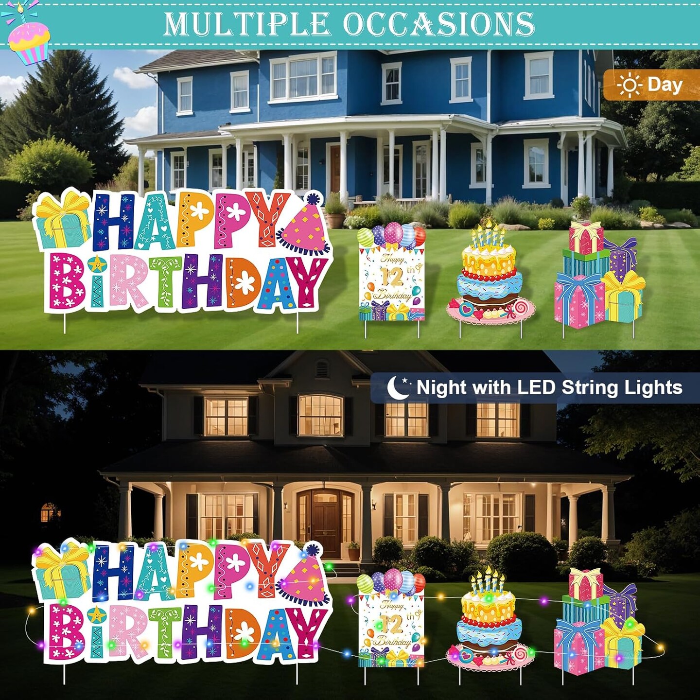 Happy Birthday Yard Sign, Colourful Happy Birthday Lawn Signs with Stakes LED Personalized Garden Birthday Board Party Favors Decor for Gift Outdoor Indoor Home Front Decorations Supplies