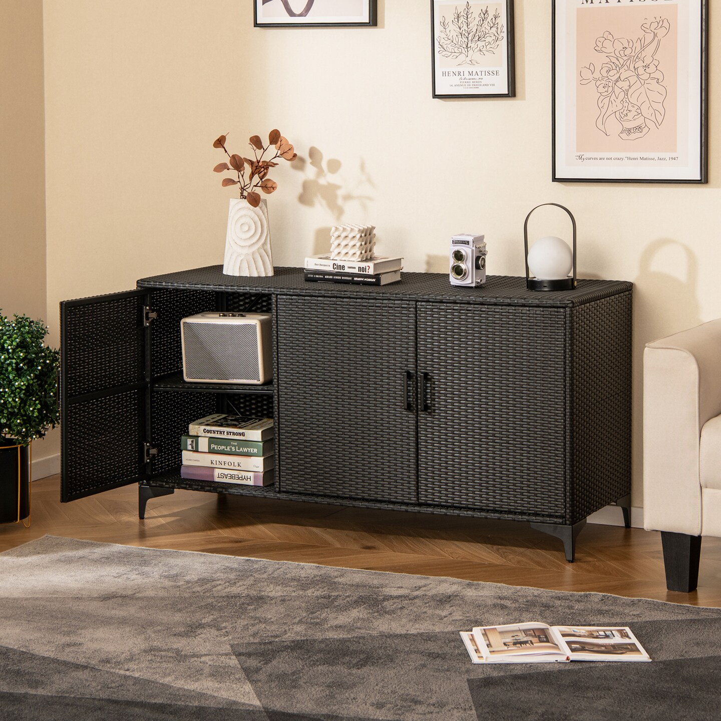 PE Rattan and Metal Storage Box with 84-Gallon Capacity and Removable Shelves