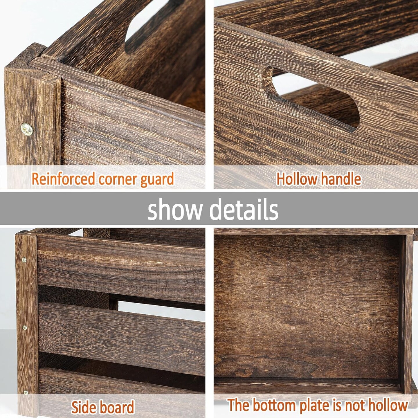 Farmhouse Wooden Crates - Large Solid Wood Crates with Handles for Storage and Display, 2 Pack Brown