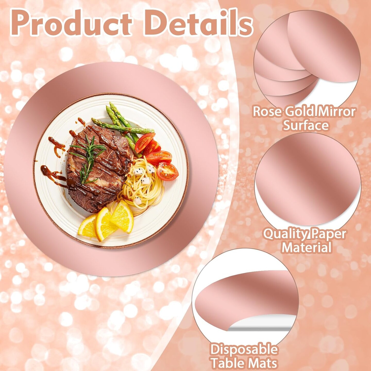 50 Pcs Round Rose Gold Placemats,13.3" Mirror Foil Decorative Place Mats Mirrored Disposable Paper Placemats