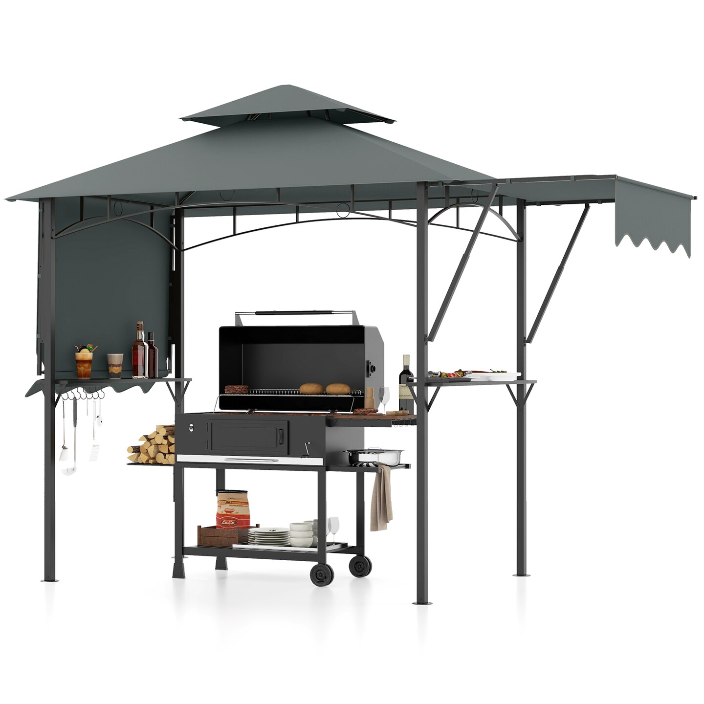 13 x 5 Feet Dual Side Awnings Grill Gazebo with 2 Shelves Adjustable Shadow and Metal Frame