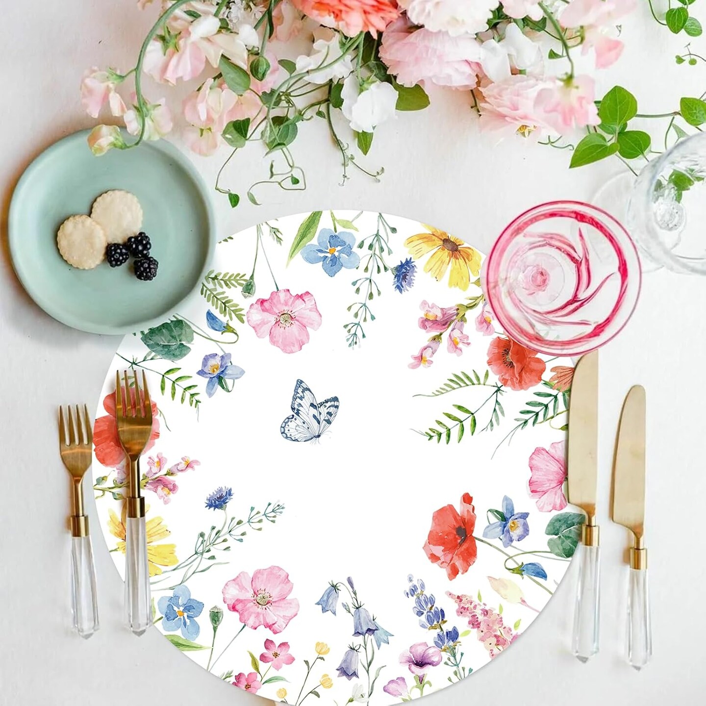 Paper Placemats Disposable 50 Pack Spring Flowers Place Mats 13.4 Inch Round Decorative Butterfly Wildflower Table Mats for Spring Birthday Bridal Wedding Party Supplies