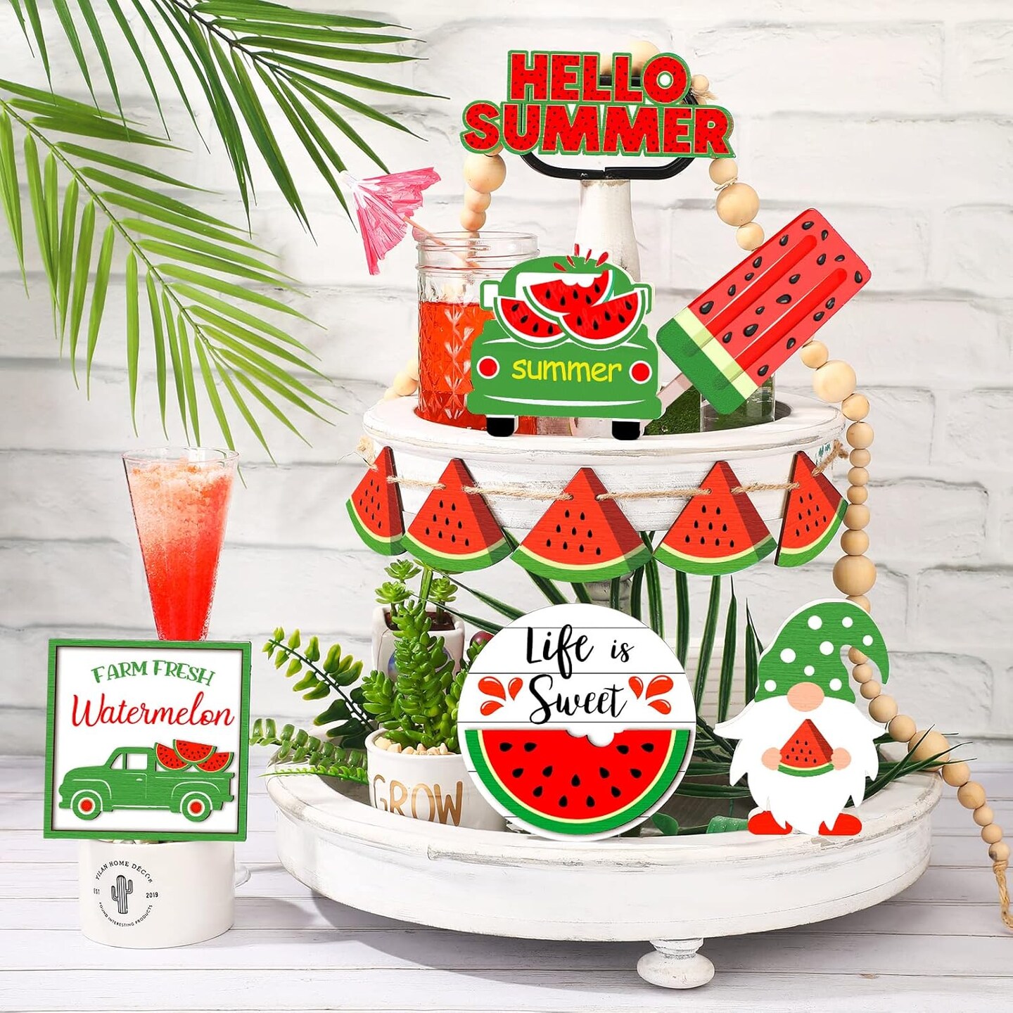 11 Pieces Summer Hawaii Tabletop Decor Set Summer Wood Sign Beach Sunshine Tiered Tray Decorations for Beach Home Table Shelf(Watermelon Style)