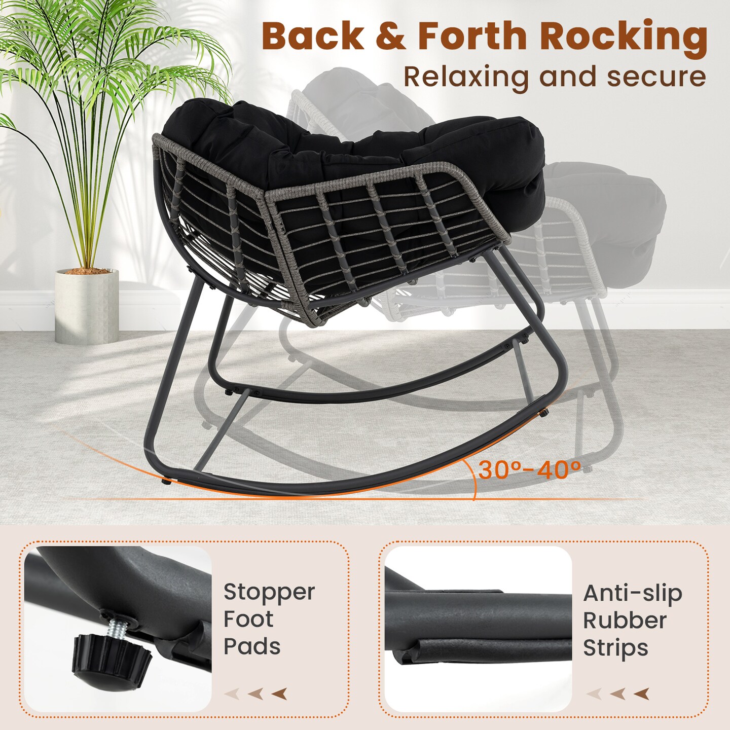 Rattan Metal Rocking Egg Chair with Cushion for Patio and Indoor