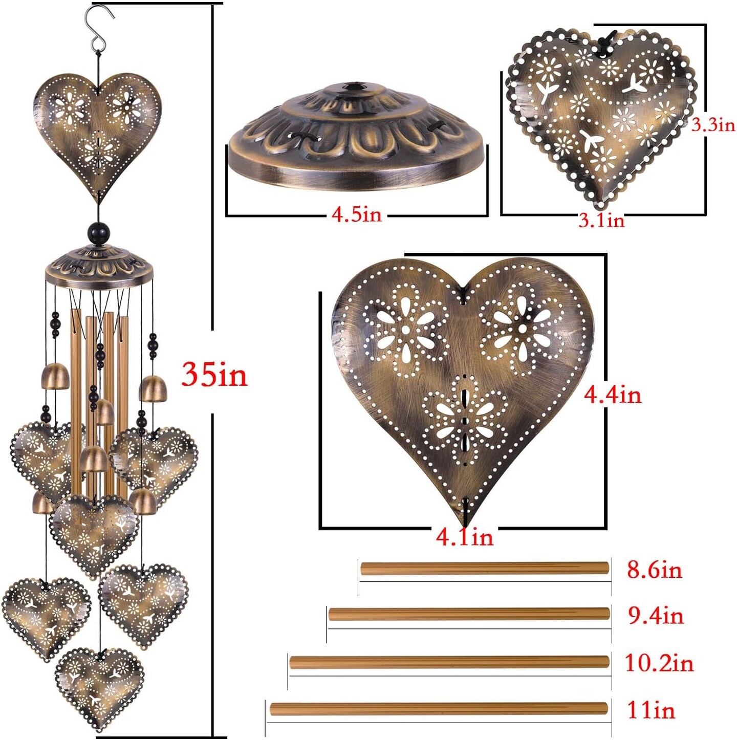 Heart Shape Wind Chimes for Garden, Gifts for Mom, Home, Balconies, Rooms, Patio, Indoor, Outdoor Heart Decoration, Hearts Shape Wind Catcher, Bronze Memorial Wind Bells, Hearts Wind Chimes Decor Welcome to Seller Assistant Please log in to your ac