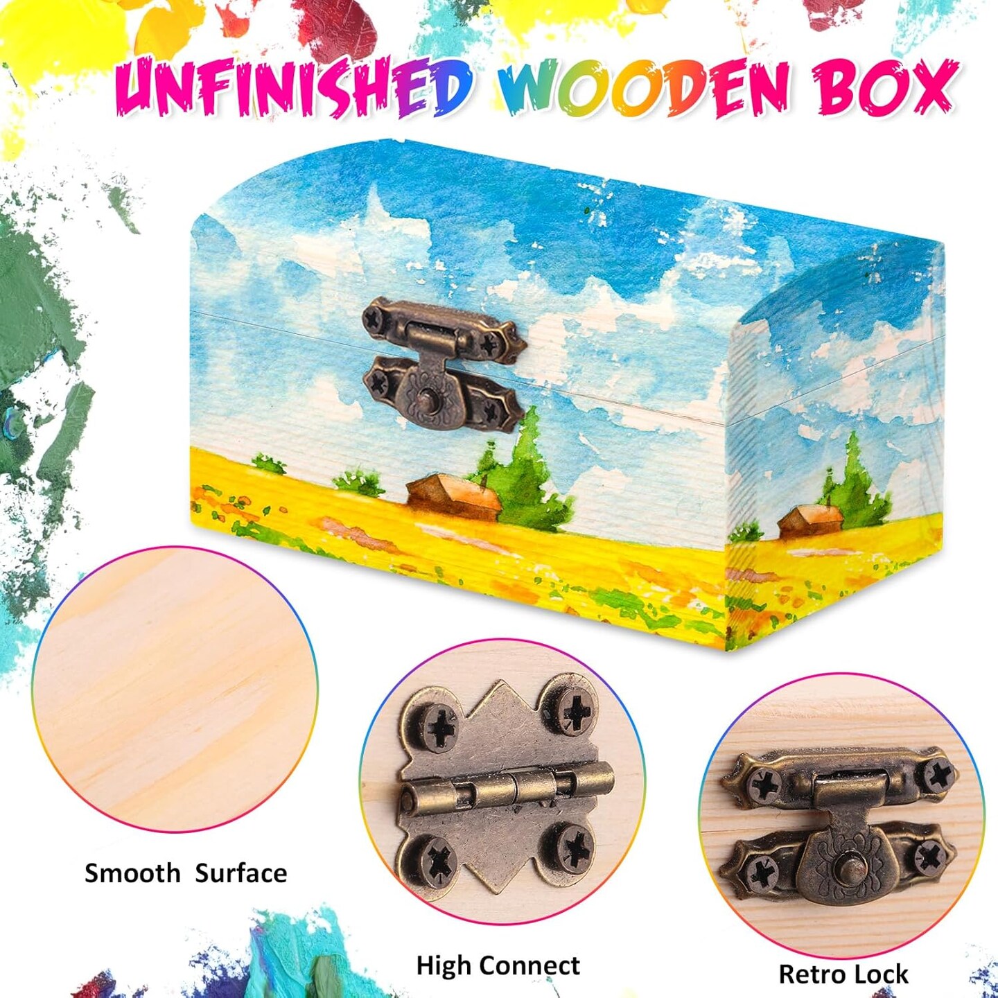 48 Pcs Unfinished Wooden Craft Boxes with 40 Paintbrushes Small Wooden Boxes Treasure Chest with Lid and Clasp Wood Storage Box for DIY Baby Shower Pirate Decor