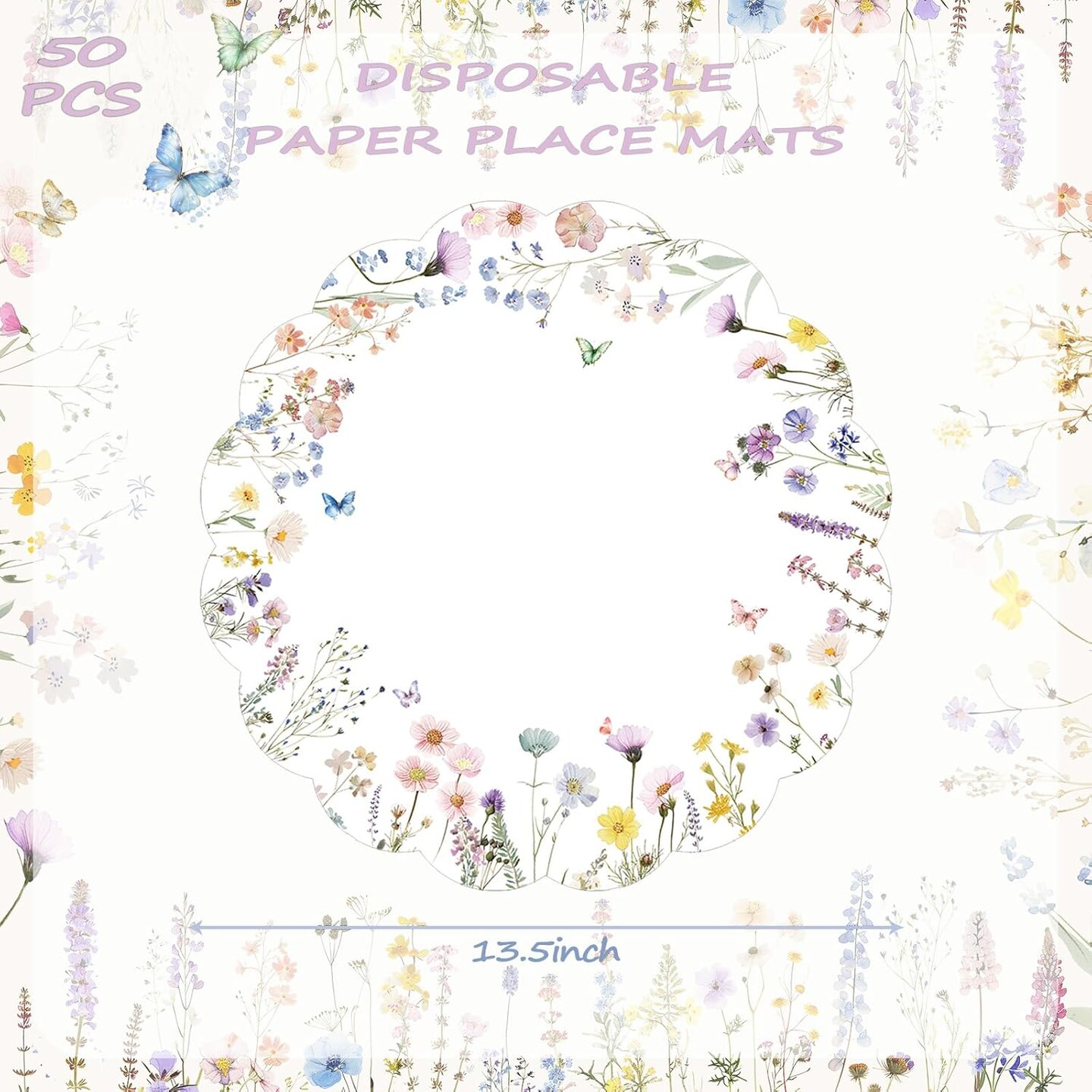 50 Pcs Spring Floral Paper Place Mats, Butterfly Disposable Place Mats, 13.5 inch Scalloped Disposable Placemats Round Placemats for Table Paper Decoration for Birthday Wedding Banquet Party