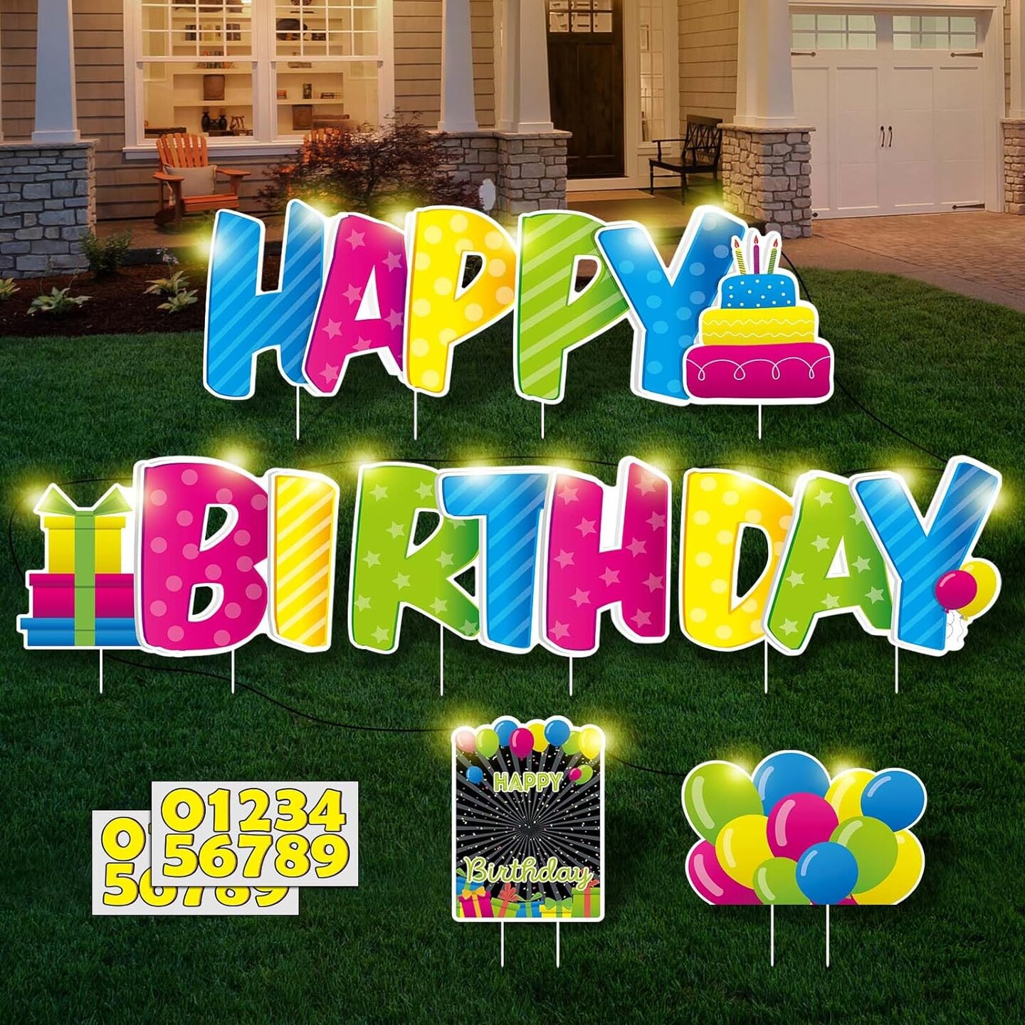 Happy Birthday Yard Signs with Stakes - 2 x LED Lights and Personalized Signs with 20 Number Stickers - 16&#x22; Large Birthday Yard Signs Colourful Outdoor Lawn Decorations, REUSABLE, WEATHERPROOF