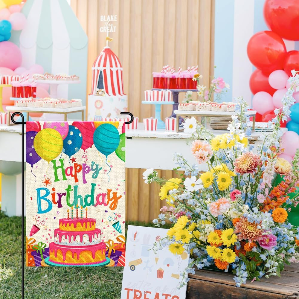 Happy Birthday Garden Flags 12x18 Double Sided Burlap, Colorful Balloon Cake Toppers Personalized Banner Farmhouse Yard Sign Birthday Party Outdoor Decorations