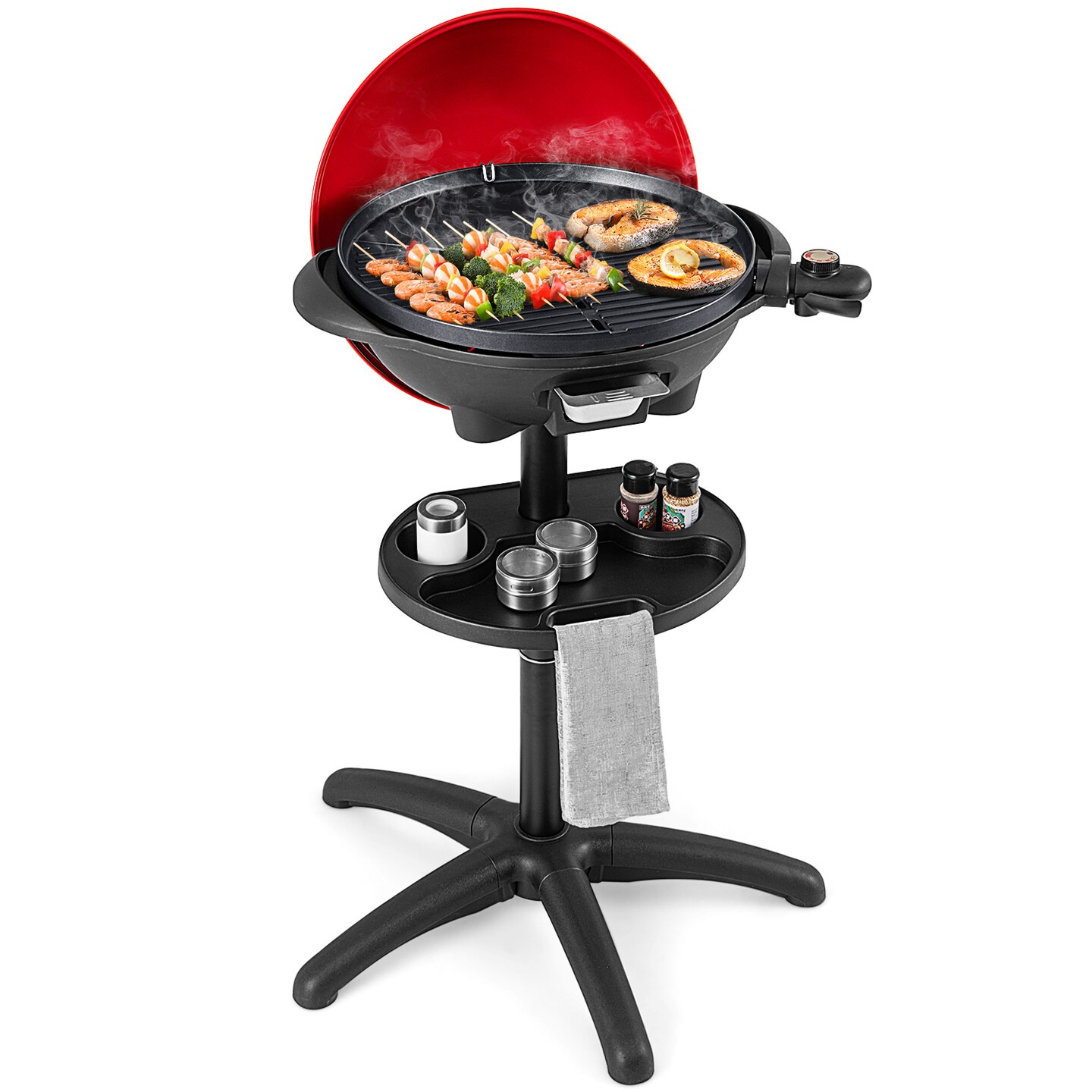 Aluminum Electric Grill with Hood, Non-Stick Plate and Condiment Tray
