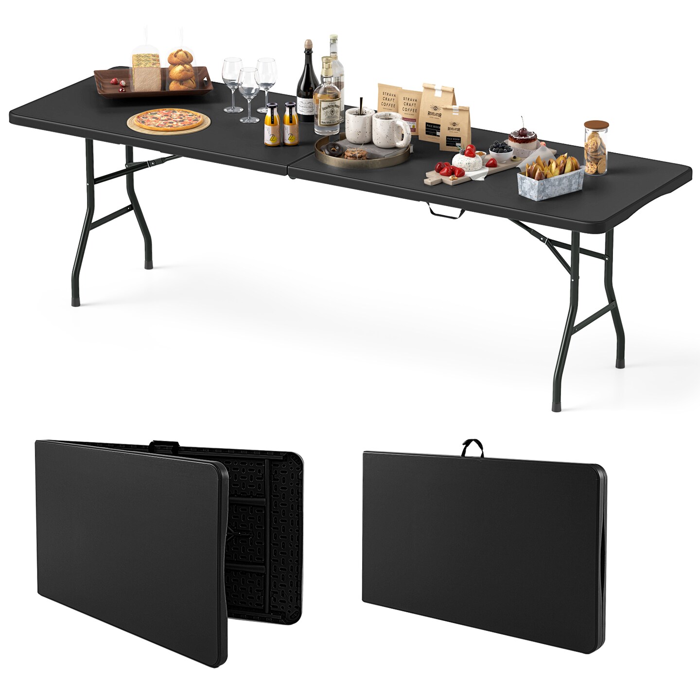 8 Feet Patio Portable Fold-in-Half Table with Robust Metal Legs and Joint Safety Lock