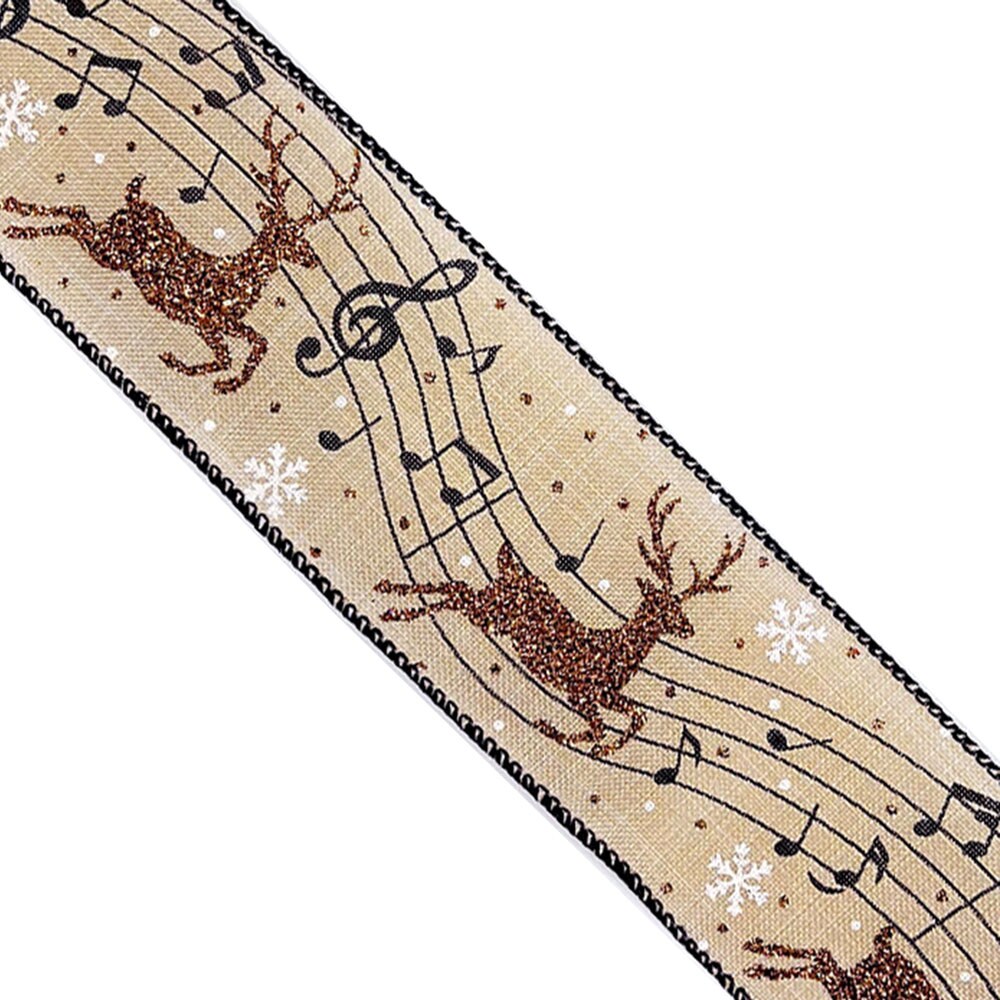 Designer’s Shop Christmas Musical Glitter Reindeer wired edge ribbon WR 63-5173 2.5” x 10 yards