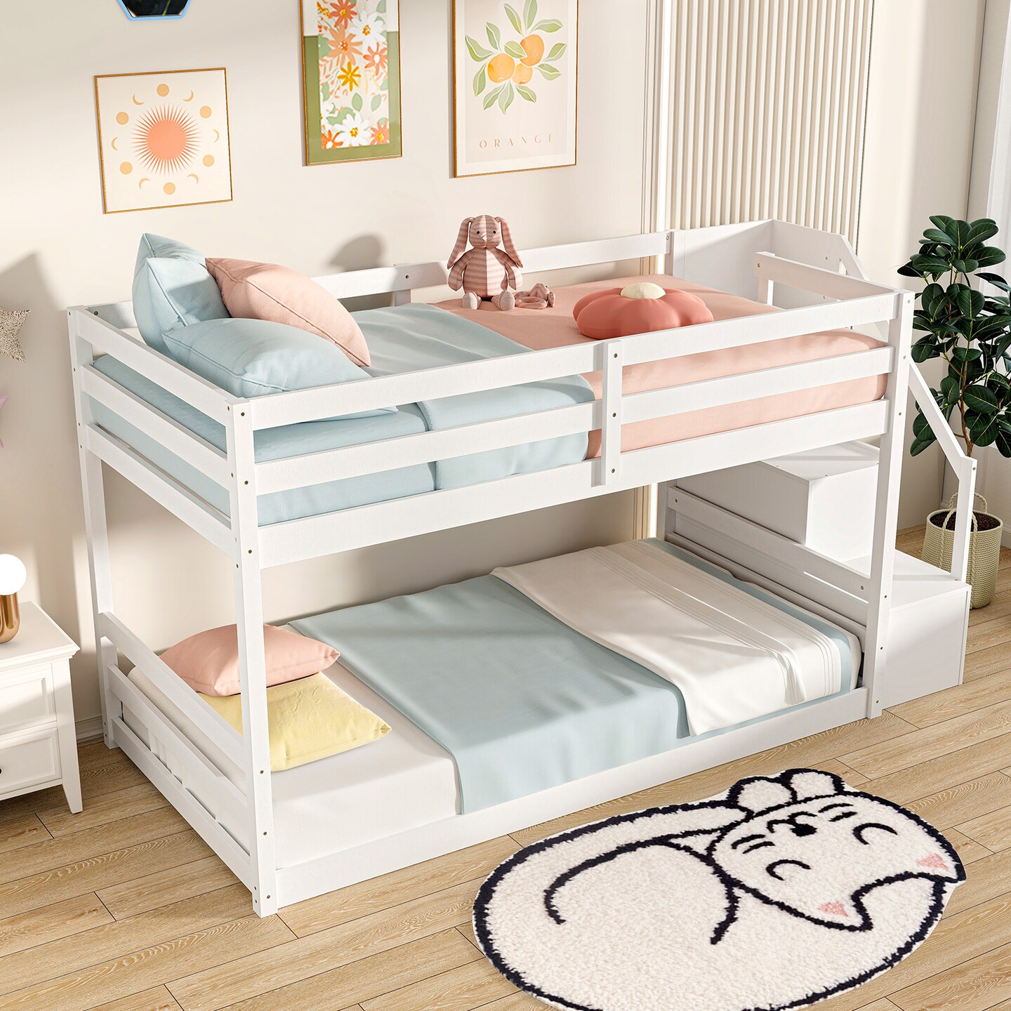 Twin Over Twin Bunk Bed with Storage Stairs, Solid Wood Floor Bed
