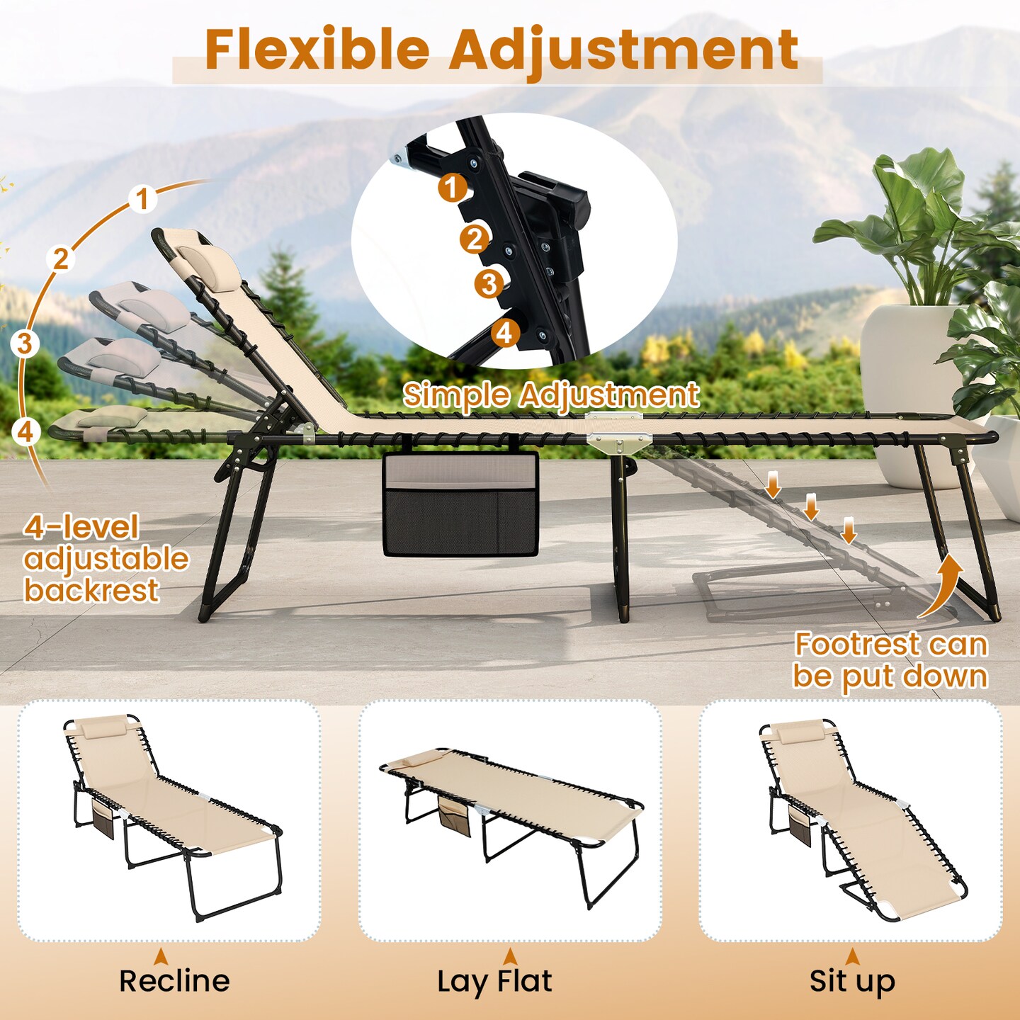 Adjustable 4-Position Folding Lounge Chaise with Backrest and Footrest