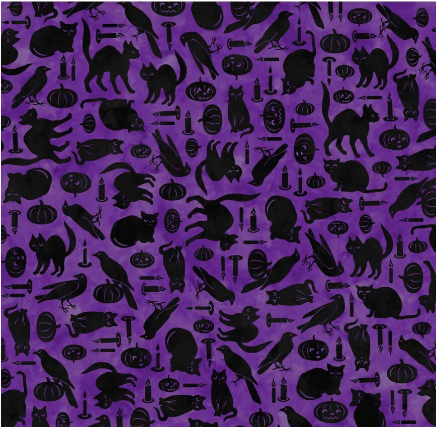 Maywood Studio Halloween Spooky Hollow Cats and Crows on Purple 100% Cotton Fabric By the Yard