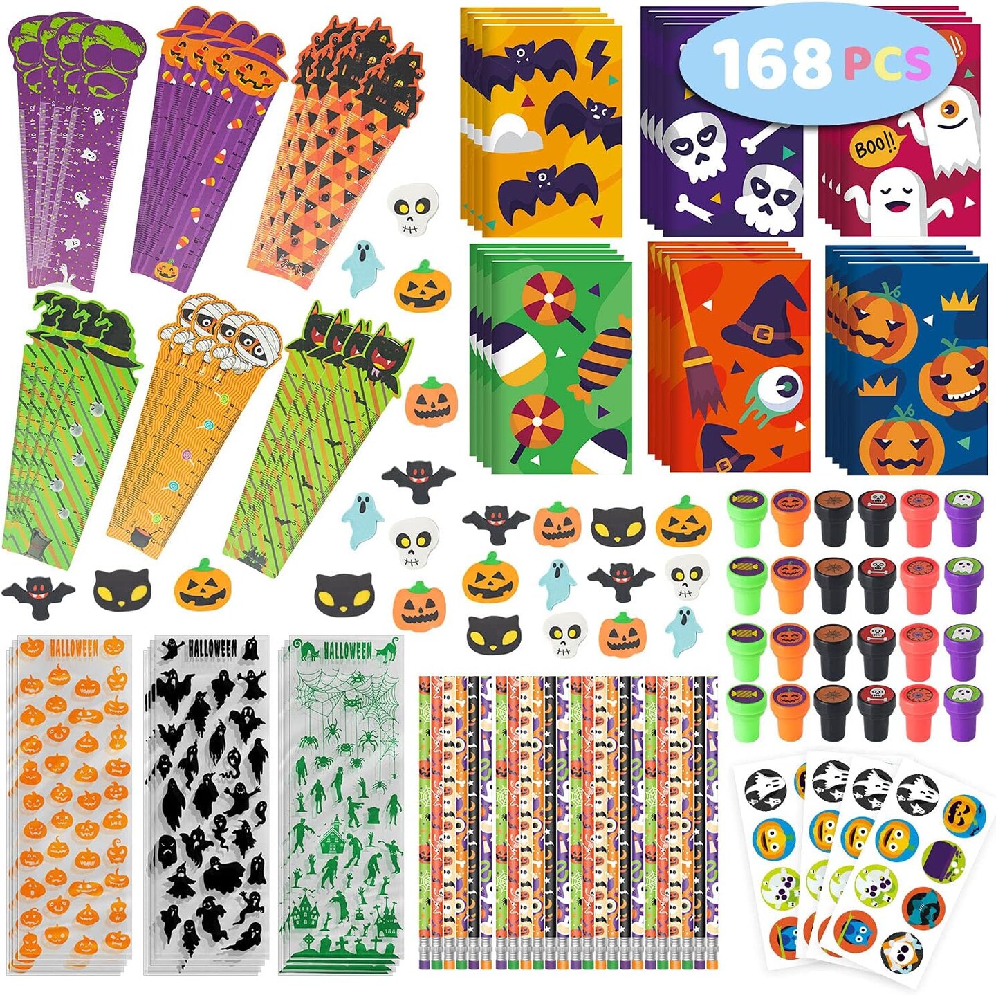 Set for kids, Halloween Party Favors set, Halloween Stationery gift kit, Halloween Goody Bag Fillers including Pencil, Eraser, Ruler, Notepad, Stamper, Sticker