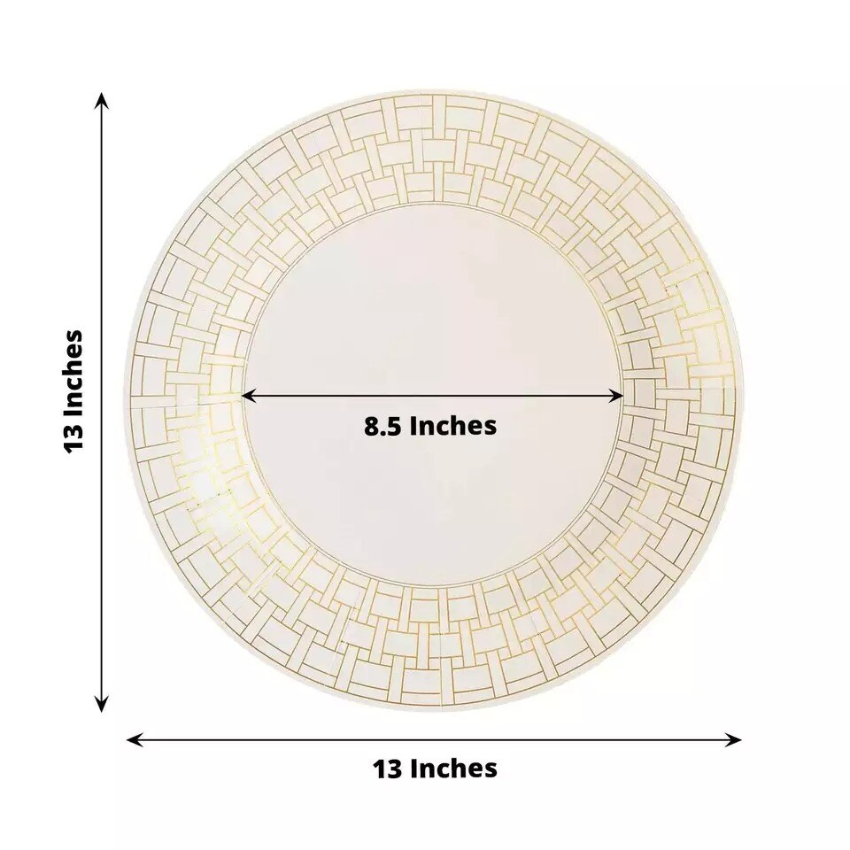 10 White Paper Charger Plates Gold Basketweave Design Rim Party Home Tableware