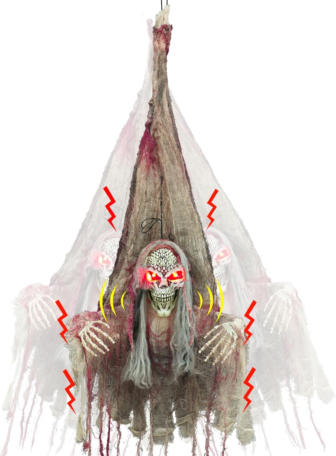 [ Talking &#x26; Sound Activated ] 4 Ft Halloween Animatronics Hanging Outdoor Skeleton Decorations with Glow Red Eyes &#x26; Shake Body, Creepy Sound Halloween Hanging Ghost Props Decor for Yard Haunted House