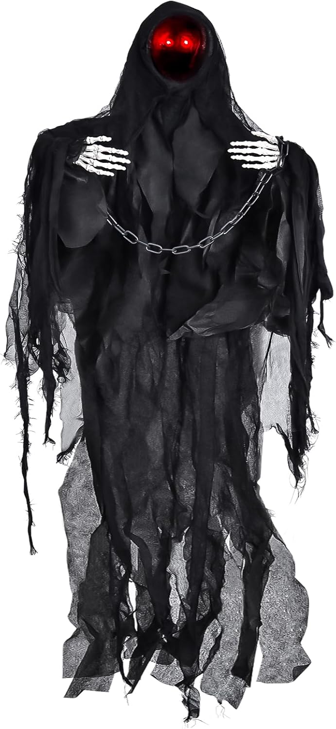 47" Halloween Animated Hanging Ghost Scary,2024 Hanging Faceless Grim Reaper Swing Black Robe with Creepy Sound and Light for Indoor Outdoor Horror Decor Prop
