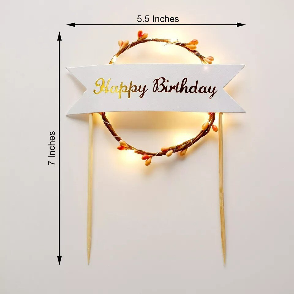 7&#x22; tall White and Brown Happy Birthday LED Cake Topper Party Home Decorations