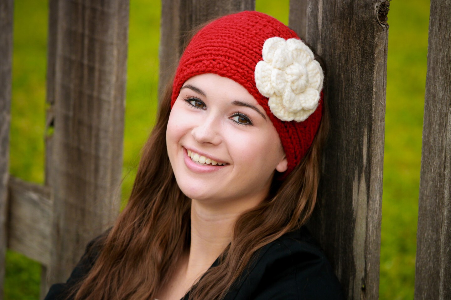 Red Flower Headband. Rose Crochet Wool Knit Ear Warmer. Hand  display picture 1
